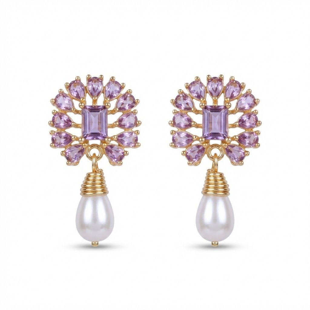 Amethyst Pearl Drop Earrings - 21k Gold Plated Gemstone Jewelry