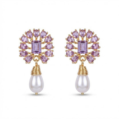 Amethyst Pearl Drop Earrings - 21k Gold Plated Gemstone Jewelry