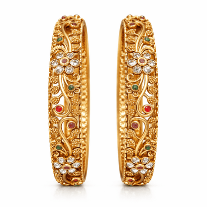 Floral Heritage Bangle Pair – 22K Gold Plated | Handcrafted Stone Carving