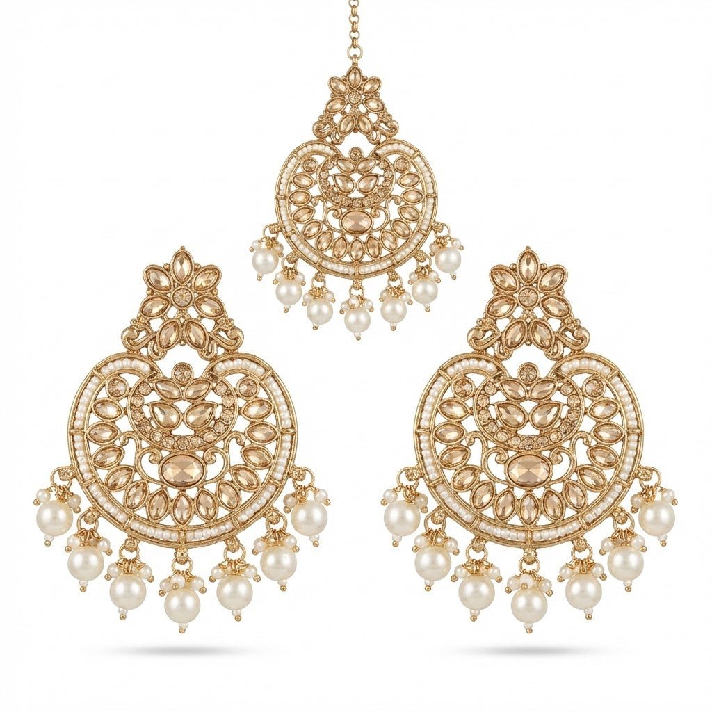 Gold Plated Crescent Moon Earrings & Tikka Jewelry Set