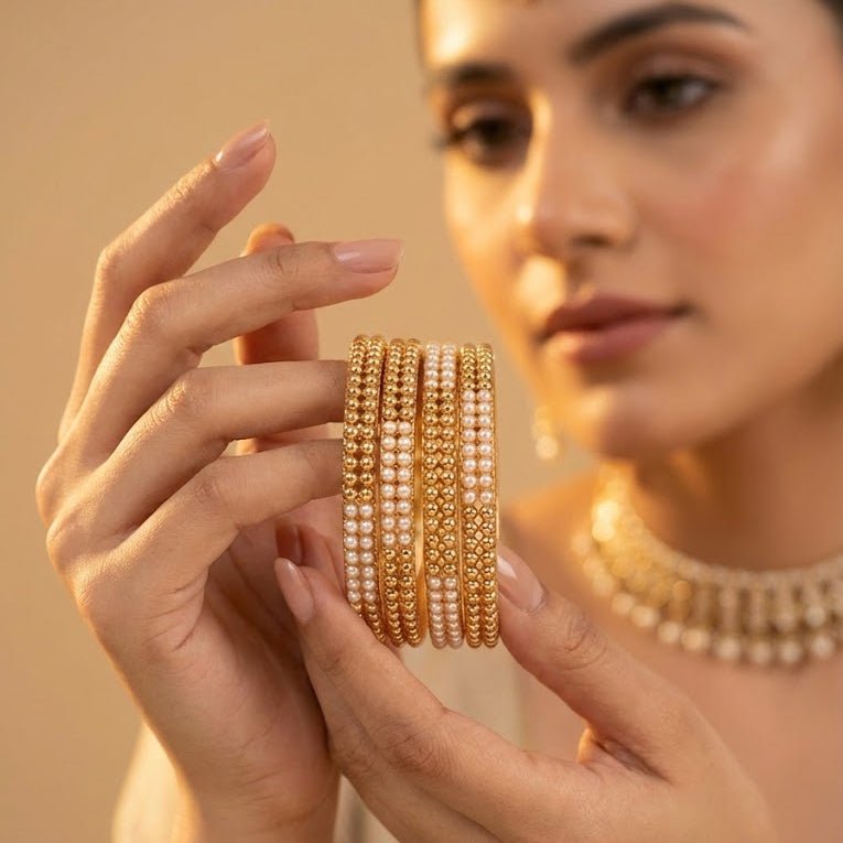 Gold Plated Pearl Bangle Set - 4 Piece with Beaded Design