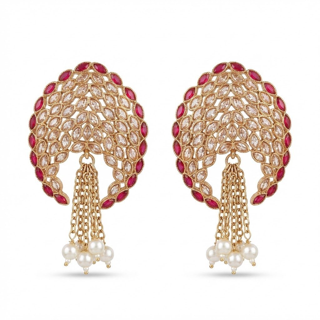 Gold Plated Statement Tassel Earrings with Pearls & Marquise Stones