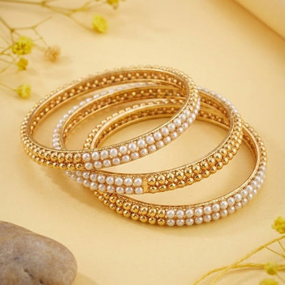 Gold Plated Pearl Bangle Set - 4 Piece with Beaded Design