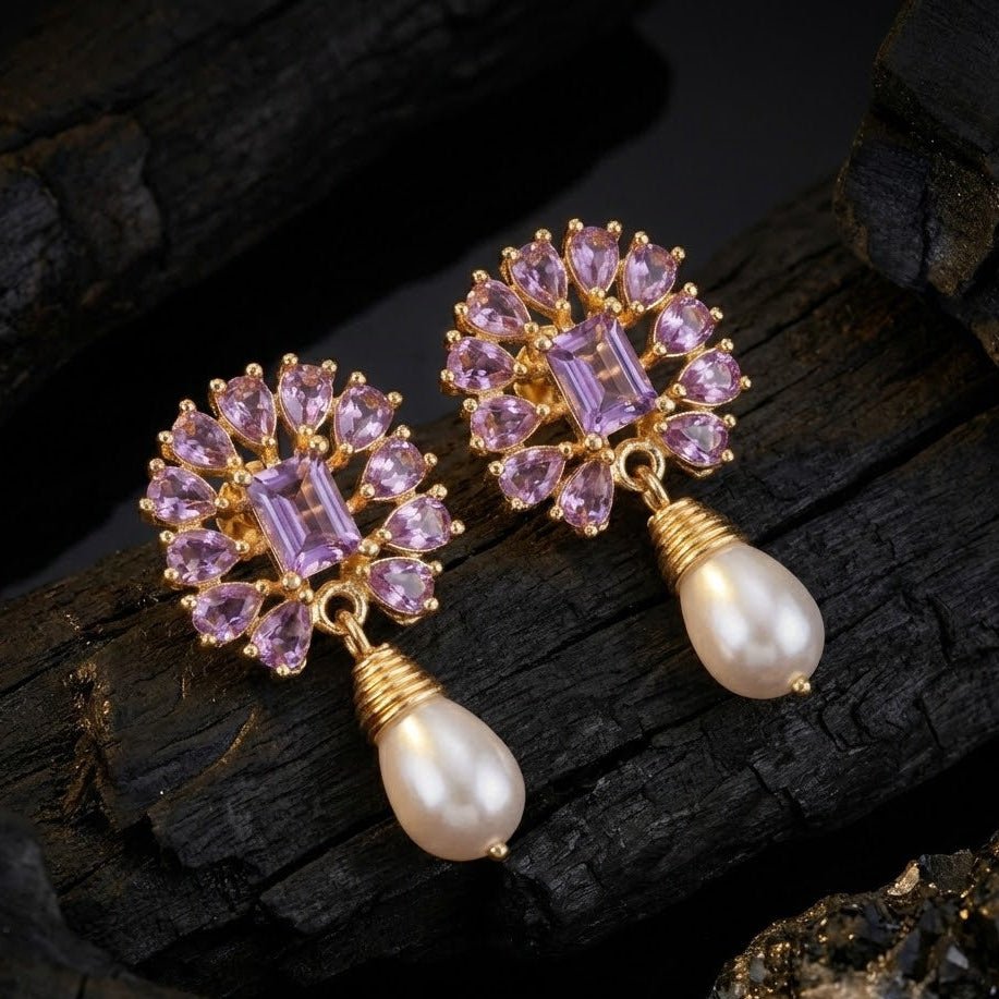 Amethyst Pearl Drop Earrings - 21k Gold Plated Gemstone Jewelry