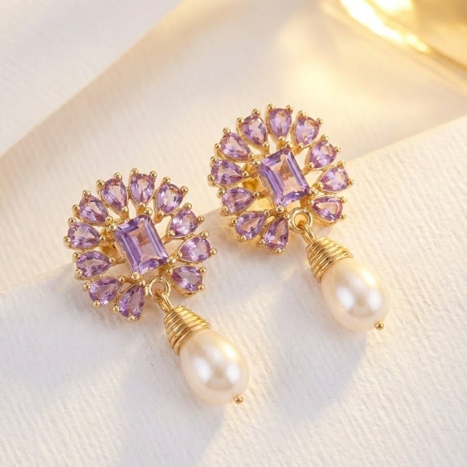 Amethyst Pearl Drop Earrings - 21k Gold Plated Gemstone Jewelry