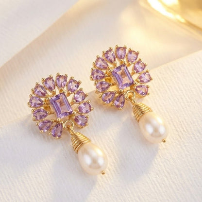 Amethyst Pearl Drop Earrings - 21k Gold Plated Gemstone Jewelry