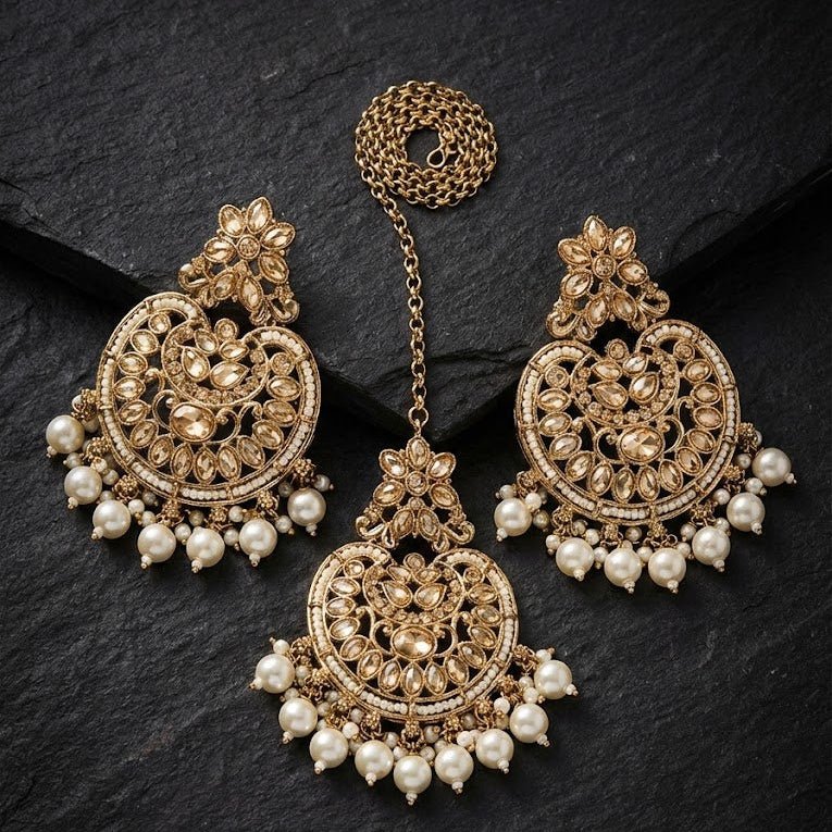Gold Plated Crescent Moon Earrings & Tikka Jewelry Set