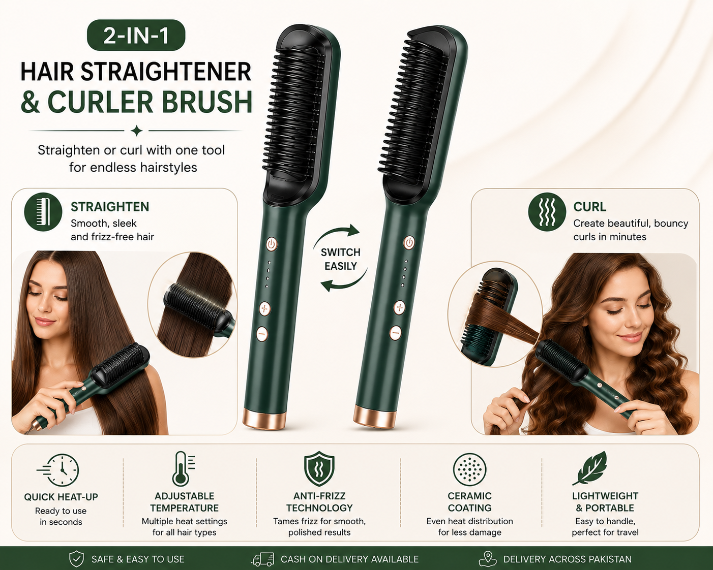 2-in-1 Hair Straightener & Curler Brush