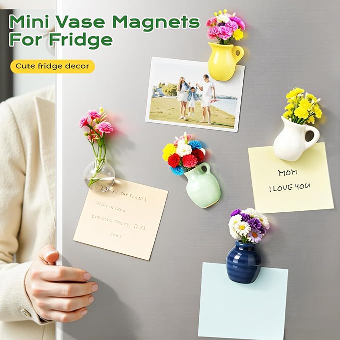 Refrigerator Magnets - Cute Mini Ceramic Vase Fridge Magnets with Artificial Flowerss