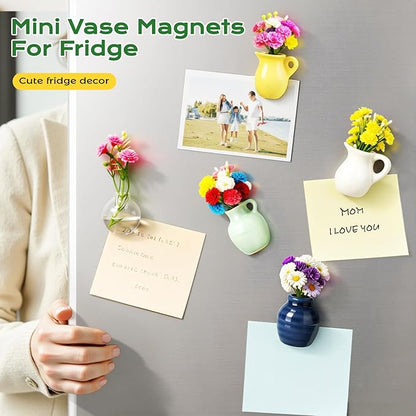 Refrigerator Magnets - Cute Mini Ceramic Vase Fridge Magnets with Artificial Flowerss