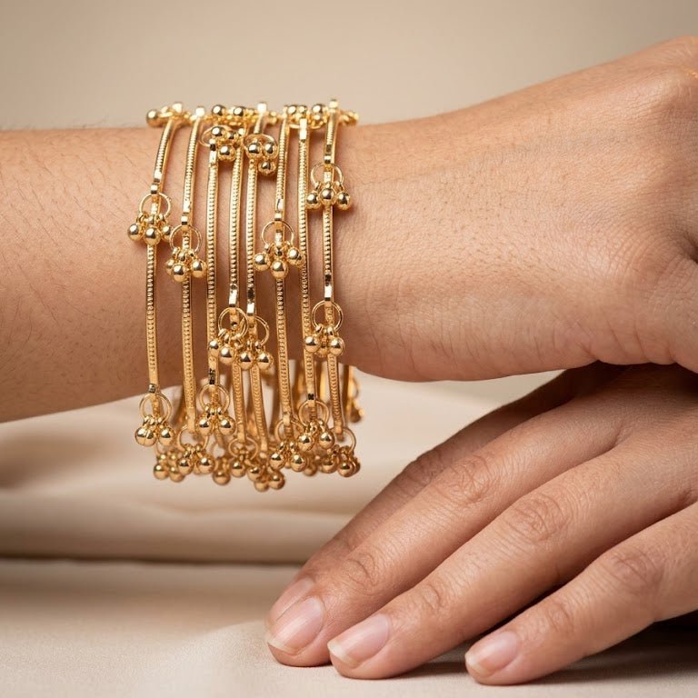 Kashmiri Ghungroo Charm Bangle Set – 22K Gold Plated | Set of 8 |