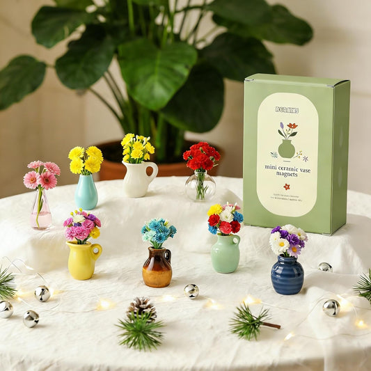 Refrigerator Magnets - Cute Mini Ceramic Vase Fridge Magnets with Artificial Flowerss