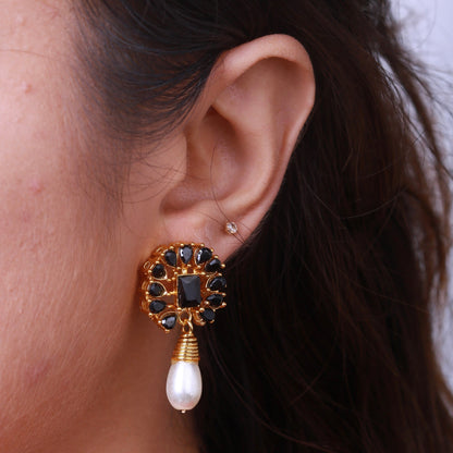 Amethyst Pearl Drop Earrings - 21k Gold Plated Gemstone Jewelry