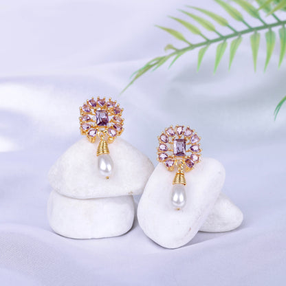 Amethyst Pearl Drop Earrings - 21k Gold Plated Gemstone Jewelry